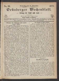 Grünberger Wochenblatt: Zeitung für Stadt und Land, No. 93. (21. November 1872)