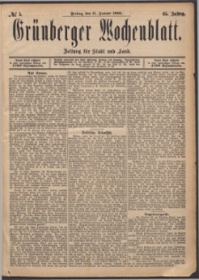 Grünberger Wochenblatt: Zeitung für Stadt und Land, No. 5. (11. Januar 1889)