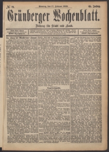 Grünberger Wochenblatt: Zeitung für Stadt und Land, No. 21. (17. Februar 1889)