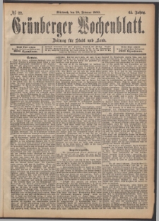 Grünberger Wochenblatt: Zeitung für Stadt und Land, No. 22. (20. Februar 1889)