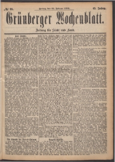 Grünberger Wochenblatt: Zeitung für Stadt und Land, No. 23. (22. Februar 1889)