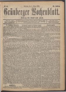 Grünberger Wochenblatt: Zeitung für Stadt und Land, No. 27. (3. März 1889)