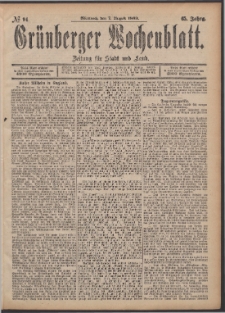 Grünberger Wochenblatt: Zeitung für Stadt und Land, No. 94. (7. August 1889)