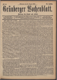 Grünberger Wochenblatt: Zeitung für Stadt und Land, No. 97. (14. August 1889)