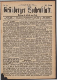 Grünberger Wochenblatt: Zeitung für Stadt und Land, No. 72. (15. Juni 1890)