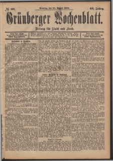 Grünberger Wochenblatt: Zeitung für Stadt und Land, No. 102. (24. August 1890)