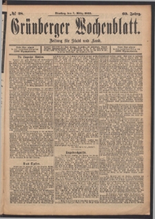 Grünberger Wochenblatt: Zeitung für Stadt und Land, No. 28. (7. März 1893)