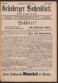 Grünberger Wochenblatt: Zeitung für Stadt und Land, No. 69. (15. Juni 1893)