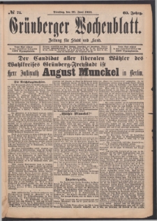 Grünberger Wochenblatt: Zeitung für Stadt und Land, No. 71. (20. Juni 1893)