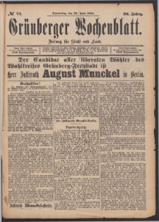 Gr&uuml;nberger Wochenblatt: Zeitung f&uuml;r Stadt und Land, No. 72. (22. Juni 1893)