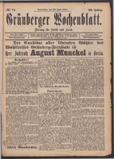 Grünberger Wochenblatt: Zeitung für Stadt und Land, No. 72. (22. Juni 1893)
