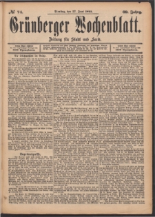 Grünberger Wochenblatt: Zeitung für Stadt und Land, No. 74. (27. Juni 1893)