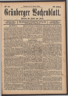 Grünberger Wochenblatt: Zeitung für Stadt und Land, No. 92. (8. August 1893)
