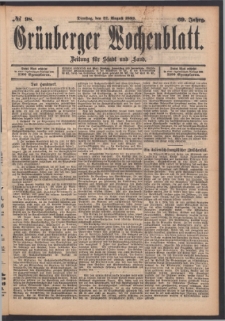 Grünberger Wochenblatt: Zeitung für Stadt und Land, No. 98. (22. August 1893)