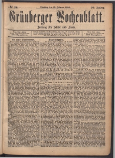 Grünberger Wochenblatt: Zeitung für Stadt und Land, No. 18. (13. Februar 1894)