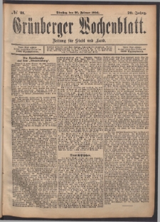Grünberger Wochenblatt: Zeitung für Stadt und Land, No. 21. (20. Februar 1894)