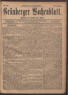 Grünberger Wochenblatt: Zeitung für Stadt und Land, No. 31. (15. März 1894)