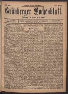 Grünberger Wochenblatt: Zeitung für Stadt und Land, No. 33. (20. März 1894)