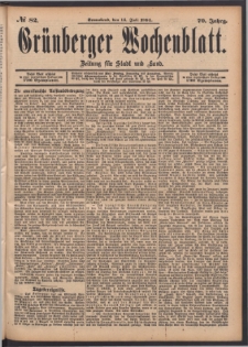Grünberger Wochenblatt: Zeitung für Stadt und Land, No. 82. (14. Juli 1894)