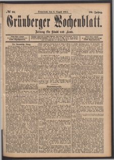 Grünberger Wochenblatt: Zeitung für Stadt und Land, No. 91. (4. August 1894)