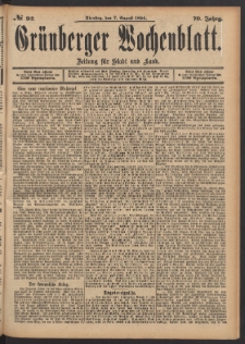 Grünberger Wochenblatt: Zeitung für Stadt und Land, No. 92. (7. August 1894)