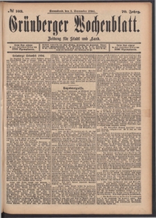Grünberger Wochenblatt: Zeitung für Stadt und Land, No. 103. (1. September 1894)