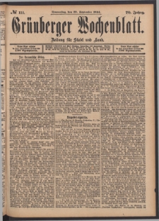Grünberger Wochenblatt: Zeitung für Stadt und Land, No. 111. (20. September 1894)