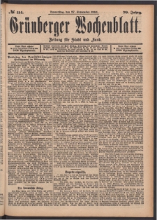 Grünberger Wochenblatt: Zeitung für Stadt und Land, No. 114. (27. September 1894)