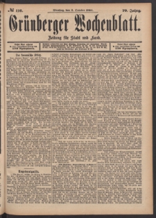 Grünberger Wochenblatt: Zeitung für Stadt und Land, No. 116. (2. October 1894)