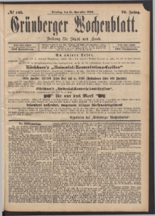 Grünberger Wochenblatt: Zeitung für Stadt und Land, No. 145. (11. December 1894)