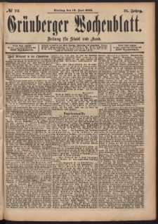 Grünberger Wochenblatt: Zeitung für Stadt und Land, No. 72. (18. Juni 1895)