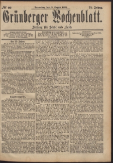 Gr&uuml;nberger Wochenblatt: Zeitung f&uuml;r Stadt und Land, No. 97. (15. August 1895)