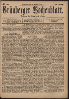Grünberger Wochenblatt: Zeitung für Stadt und Land, No. 100. (22. August 1895)