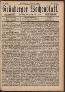 Gr&uuml;nberger Wochenblatt: Zeitung f&uuml;r Stadt und Land, No. 145. (5. December 1895)