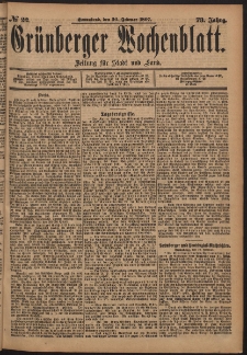 Grünberger Wochenblatt: Zeitung für Stadt und Land, No. 22. (20. Februar 1897)