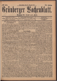Grünberger Wochenblatt: Zeitung für Stadt und Land, No. 100. (21. August 1897)