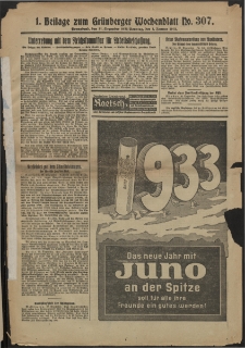 Grünberger Wochenblatt: Zeitung für Stadt und Land, No. 307. (31. Dezember 1932)