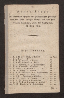 Rangordnung der sämmtlichen Schüler des Züllichauischen Pädagogiums nach ihrem sittlichen Werthe, und ihren schon erlangten Kenntnissen, zufolge der Herbstprüfung im Jahre 1809