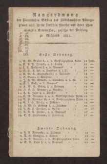Rangordnung der s&auml;mmtlichen Sch&uuml;ler des Z&uuml;llichauischen P&auml;dagogiums nach ihrem sittlichen Werthe und ihren schon erlangten Kenntnissen, zufolge der Pr&uuml;fung zu Michaelis 1821