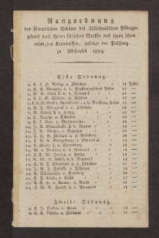 Rangordnung der sämmtlichen Schüler des Züllichauischen Pädagogiums nach ihrem sittlichen Werthe und ihren schon erlangten Kenntnissen, zufolge der Prüfung zu Michaelis 1823