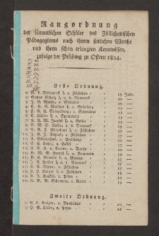 Rangordnung der s&auml;mmtlichen Sch&uuml;ler des Z&uuml;llichauischen P&auml;dagogiums nach ihrem sittlichen Werthe und ihren schon erlangten Kenntnissen, zufolge der Pr&uuml;fung zu Ostern 1824