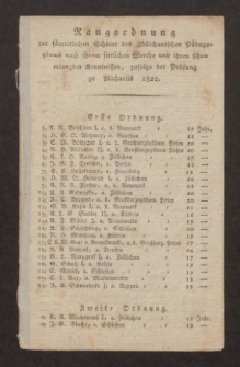 Rangordnung der sämmtlichen Schüler des Züllichauischen Pädagogiums nach ihrem sittlichen Werthe und ihren schon erlangten Kenntnissen, zufolge der Prüfung zu Michaelis 1822