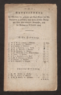 Rangordnung der Scholaren der gelehrten und Real. Schule des P&auml;dagogiums zu Z&uuml;llichau, nach ihrem sittlichen Werthe und ihren schon erlangten Kenntnissen, nach der Pr&uuml;fung zu Michaelis 1808