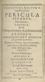 Valentini Arithmaei Lignitio-Silesii Pericula Secunda Vice secunda Tentata. Id est, Disceptationum Academicarum Arborem Consanguinitatis & Affinitatis Effingentium accuratius, ...