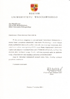 [List gratulacyjny Rektora Uniwersytetu Wrocławskiego z okazji pierwszej inauguracji roku akademickiego na Uniwersytecie Zielonogórskim]
