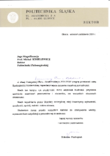 [List gratulacyjny Rektora Politechniki Śląskiej z okazji pierwszej inauguracji roku akademickiego na Uniwersytecie Zielonogórskim]