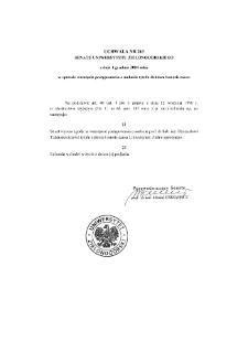Uchwała nr 263 Senatu Uniwersytetu Zielonogórskiego z dnia 1 grudnia 2004 roku w sprawie wszczęcia postępowania o nadanie tytułu doktora honoris causa Uniwersytetu Zielonogórskiego