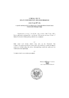 Uchwała nr 251 Senatu Uniwersytetu Zielonog&oacute;rskiego z dnia 23 maja 2007 roku w sprawie nadania prof. dr. inż. Henrykowi Tuni tytułu doktora honoris causa Uniwersytetu Zielonog&oacute;rskiego