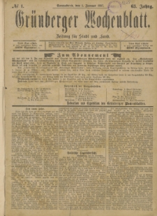 Grünberger Wochenblatt: Zeitung für Stadt und Land, No. 1. (1. Januar 1887)