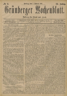 Grünberger Wochenblatt: Zeitung für Stadt und Land, No. 3. (7. Januar 1887)